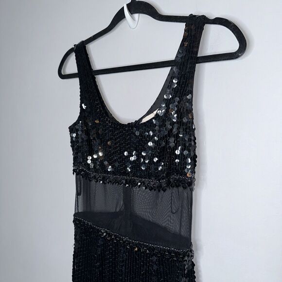 Cache Women’s Full Sequin Maxi Dress Thigh Slit Black Prom Vintage Y2K Size 2 - Picture 4 of 6